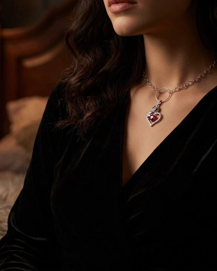 Rhodium Plated Sterling Silver Day Collar O Ring Necklace, Cubic Zirconia Heart Charm, Romantic Partner Jewelry