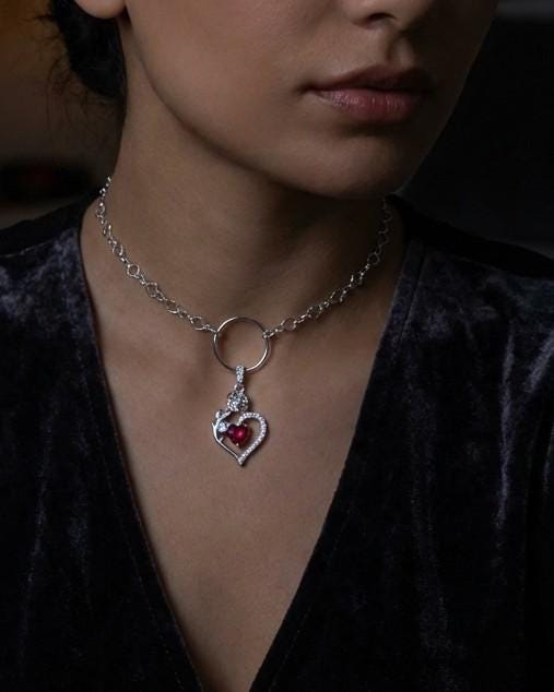 Rhodium Plated Sterling Silver Day Collar O Ring Necklace, Cubic Zirconia Heart Charm, Romantic Partner Jewelry