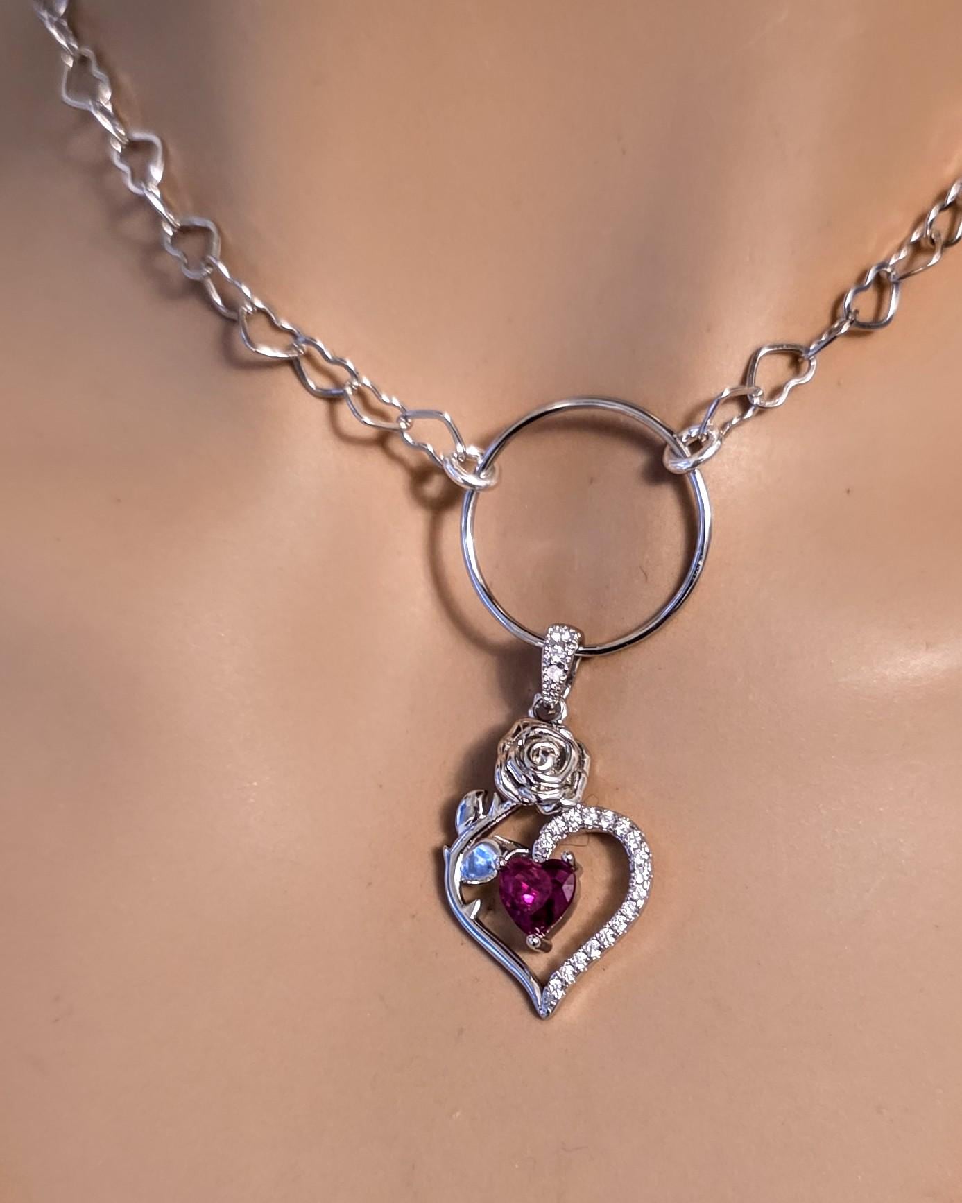 Rhodium Plated Sterling Silver Day Collar O Ring Necklace, Cubic Zirconia Heart Charm, Romantic Partner Jewelry