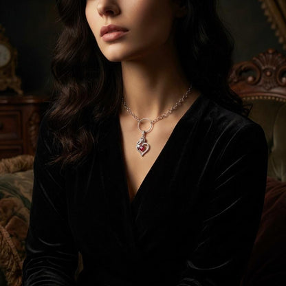 Rhodium Plated Sterling Silver Day Collar O Ring Necklace, Cubic Zirconia Heart Charm, Romantic Partner Jewelry