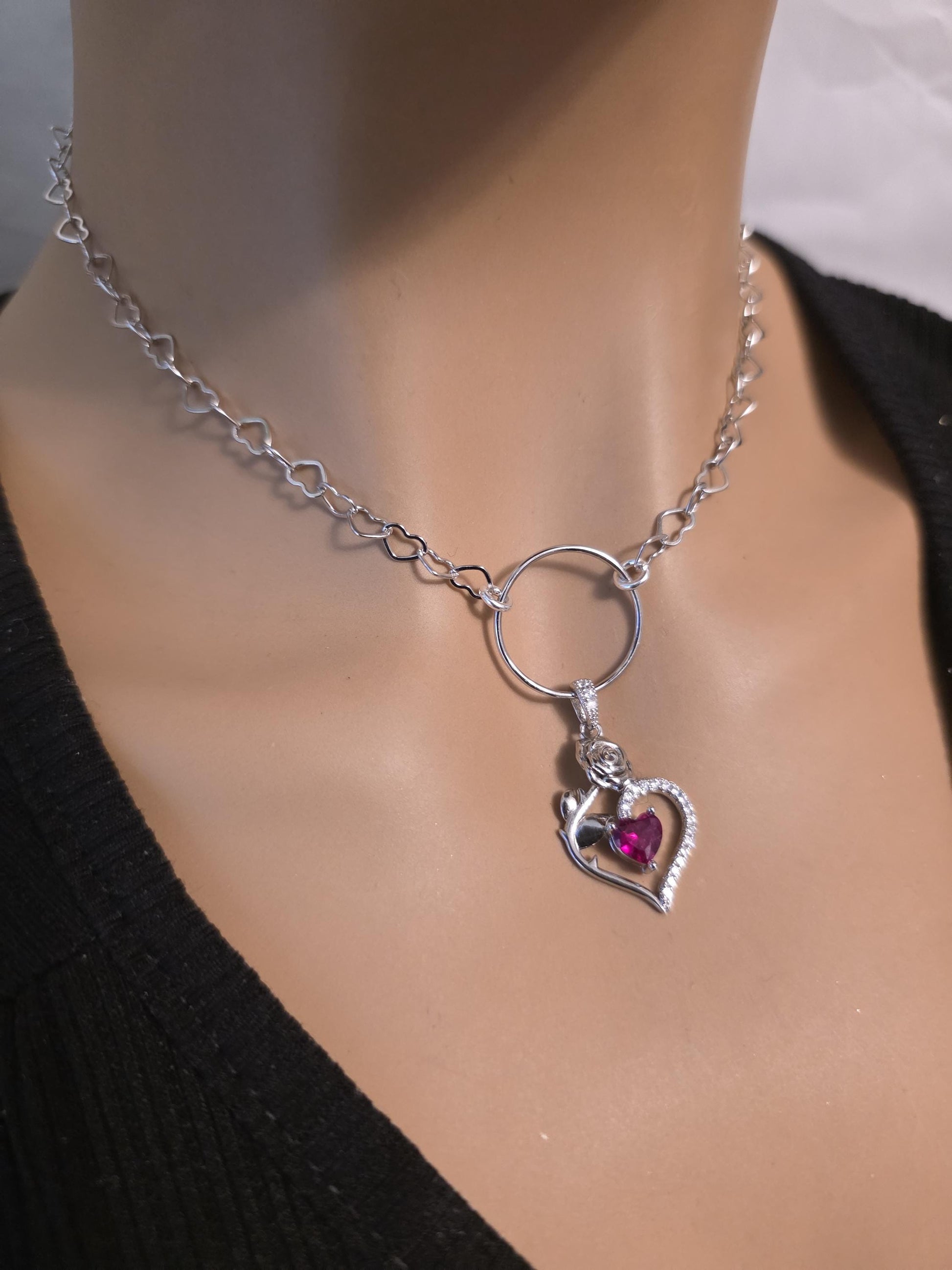 Rhodium Plated Sterling Silver Day Collar O Ring Necklace, Cubic Zirconia Heart Charm, Romantic Partner Jewelry