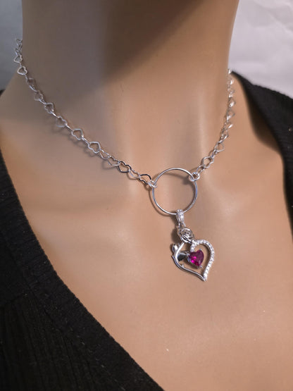 Rhodium Plated Sterling Silver Day Collar O Ring Necklace, Cubic Zirconia Heart Charm, Romantic Partner Jewelry