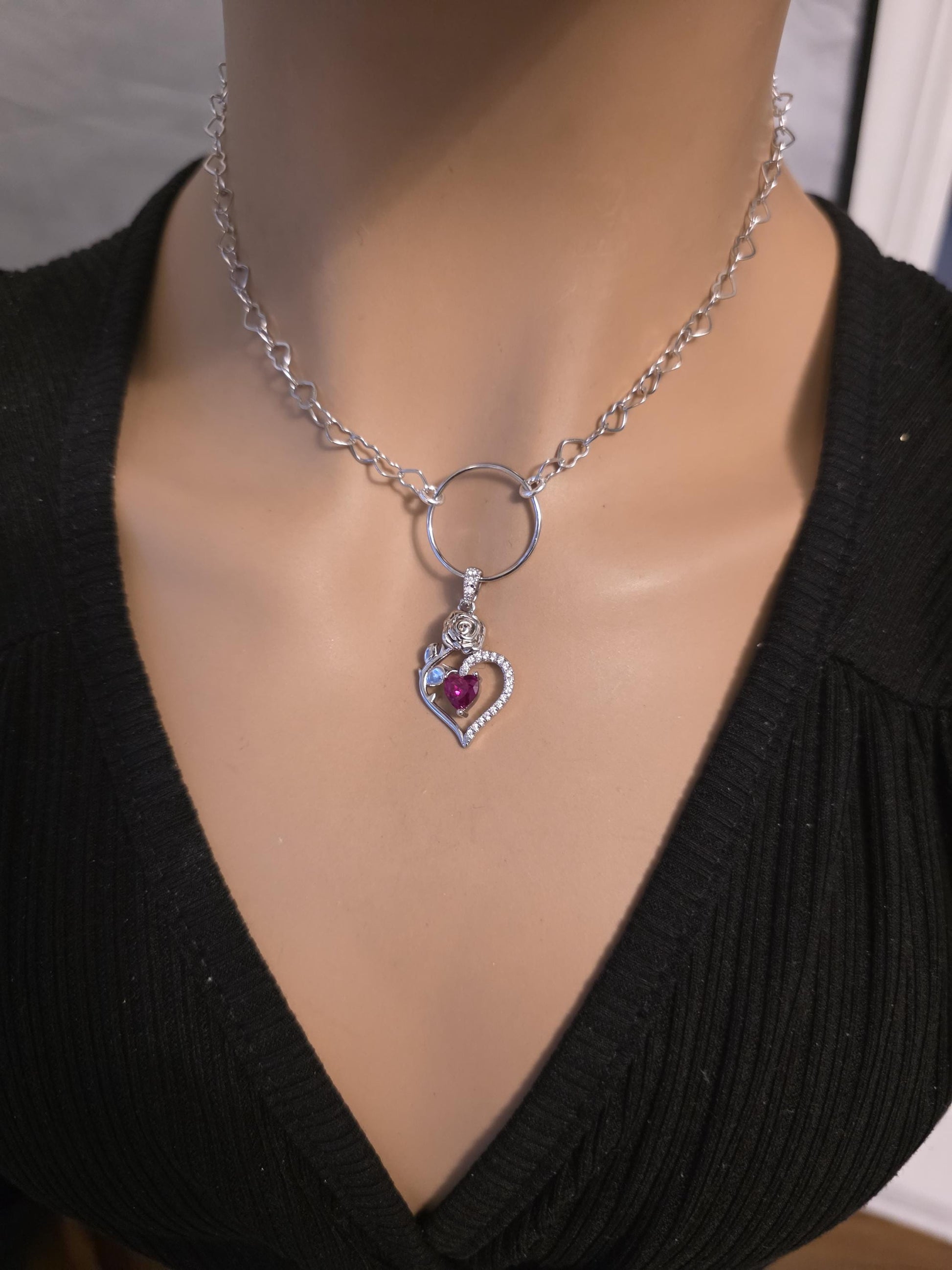 Rhodium Plated Sterling Silver Day Collar O Ring Necklace, Cubic Zirconia Heart Charm, Romantic Partner Jewelry