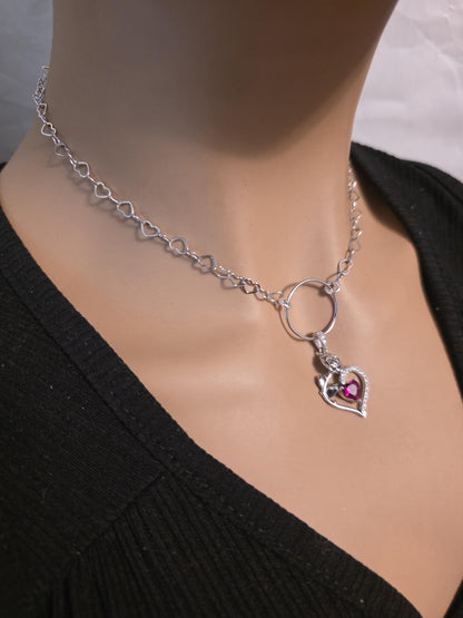 Rhodium Plated Sterling Silver Day Collar O Ring Necklace, Cubic Zirconia Heart Charm, Romantic Partner Jewelry