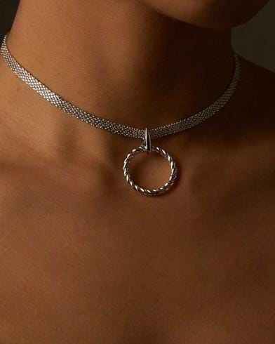 Rhodium Plated Sterling Silver Woven Chain Day Collar O Ring Necklace, BDSM Romantic Partner Fine Jewelry