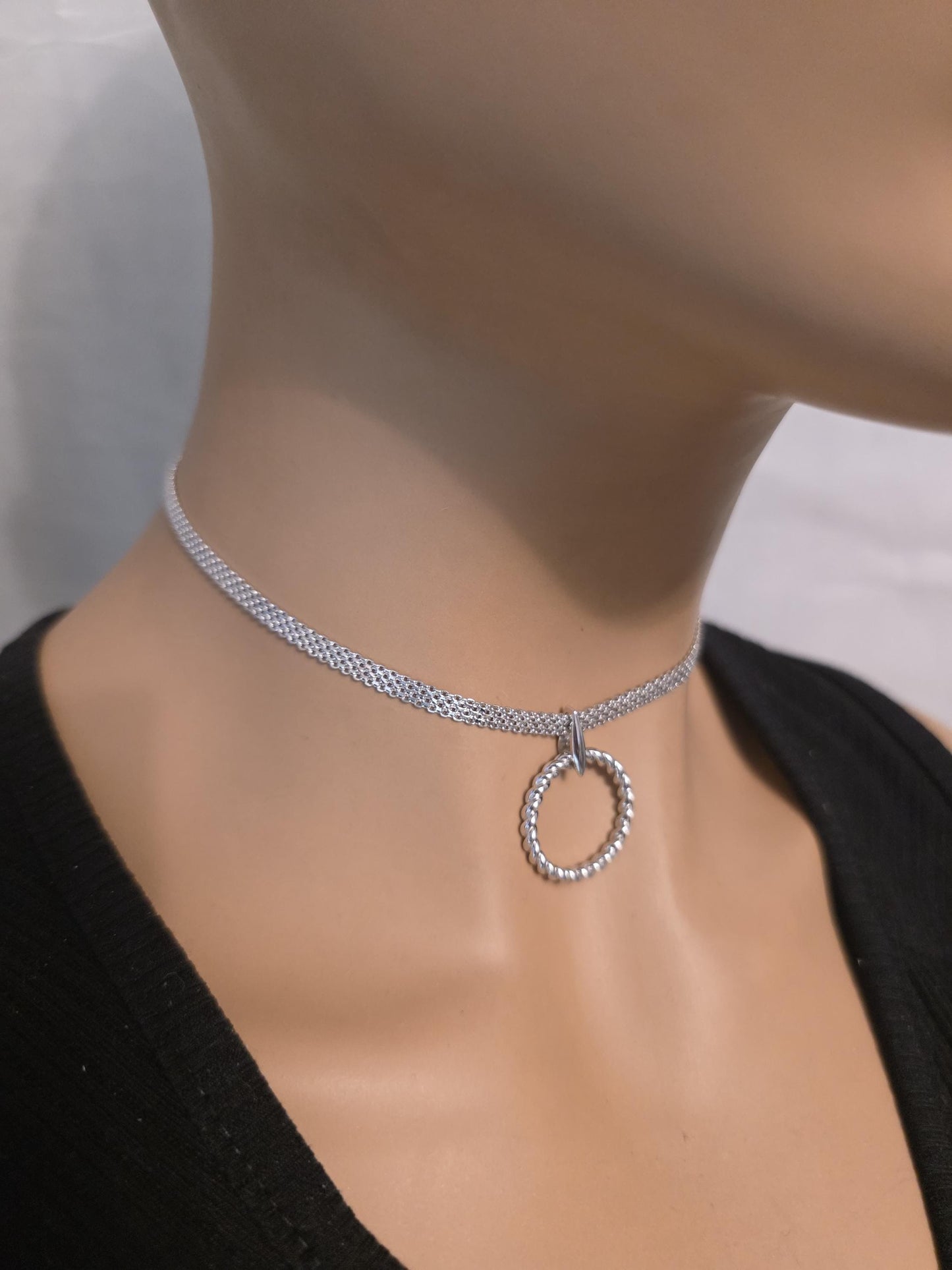 Rhodium Plated Sterling Silver Woven Chain Day Collar O Ring Necklace, BDSM Romantic Partner Fine Jewelry