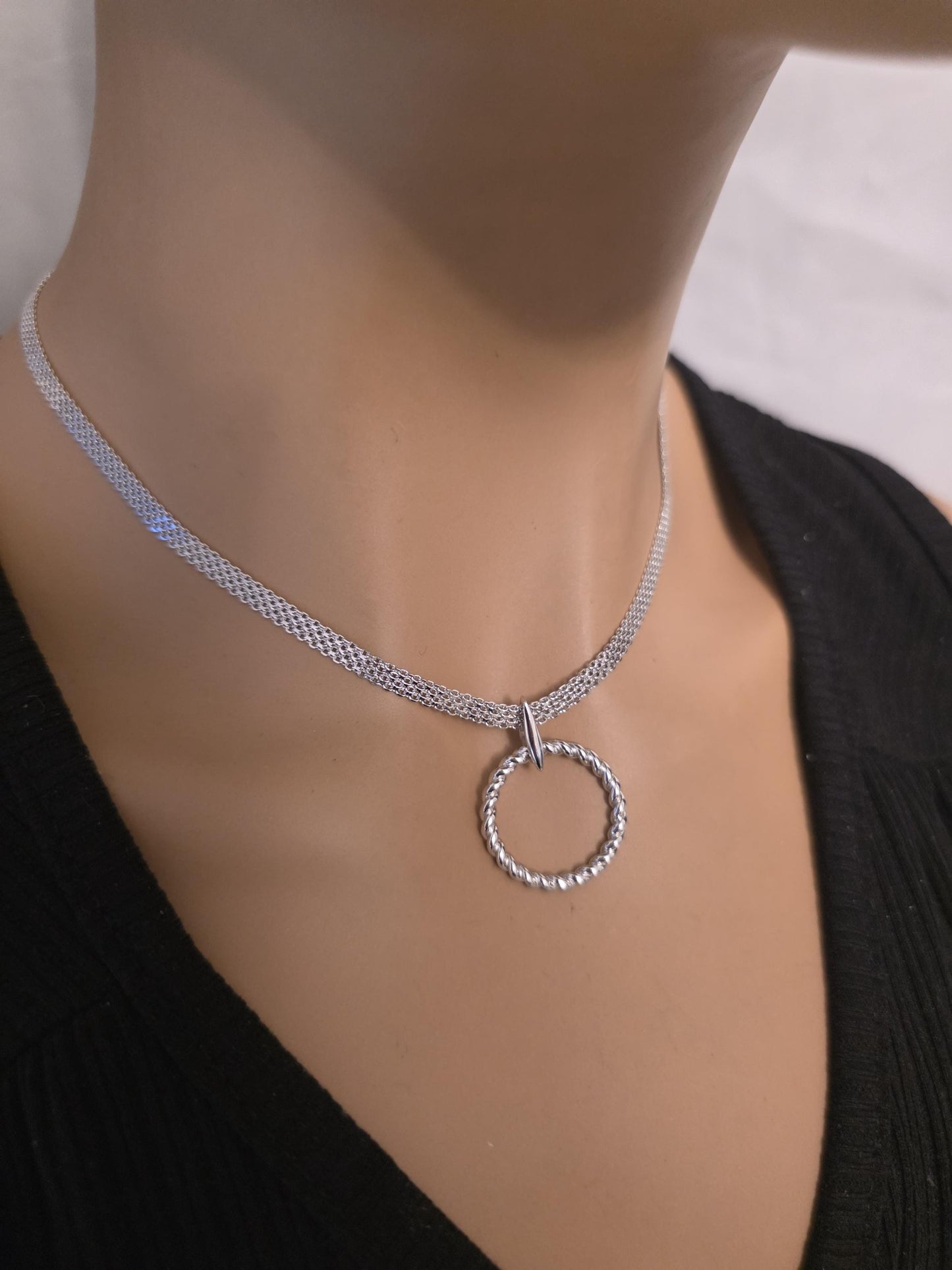 Rhodium Plated Sterling Silver Woven Chain Day Collar O Ring Necklace, BDSM Romantic Partner Fine Jewelry
