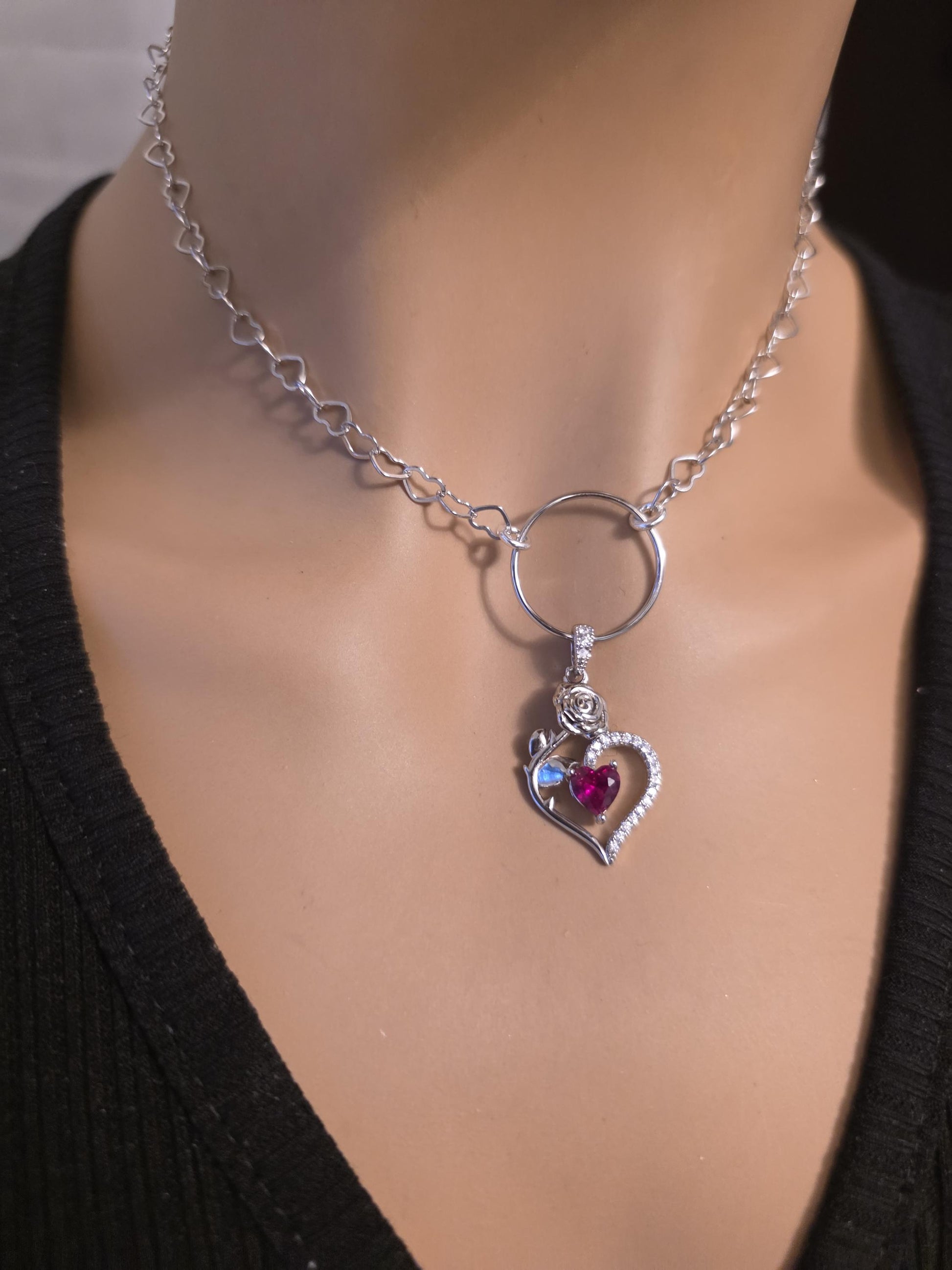 Rhodium Plated Sterling Silver Day Collar O Ring Necklace, Cubic Zirconia Heart Charm, Romantic Partner Jewelry