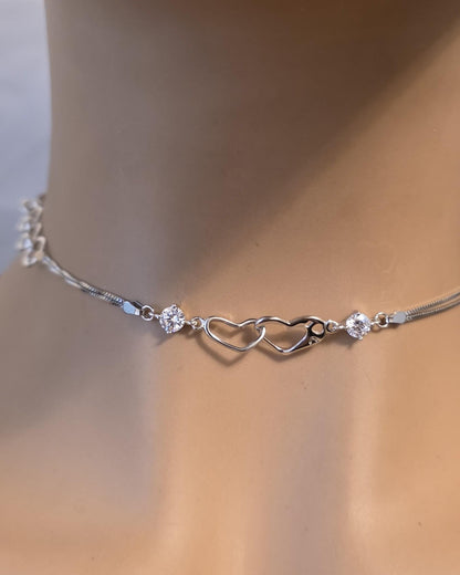 Rhodium Plated Sterling Silver Day Collar Interlocking Hearts Eternity Necklace, Romantic Partner Jewelry
