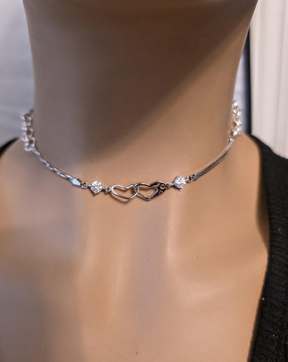 Rhodium Plated Sterling Silver Day Collar Interlocking Hearts Eternity Necklace, Romantic Partner Jewelry