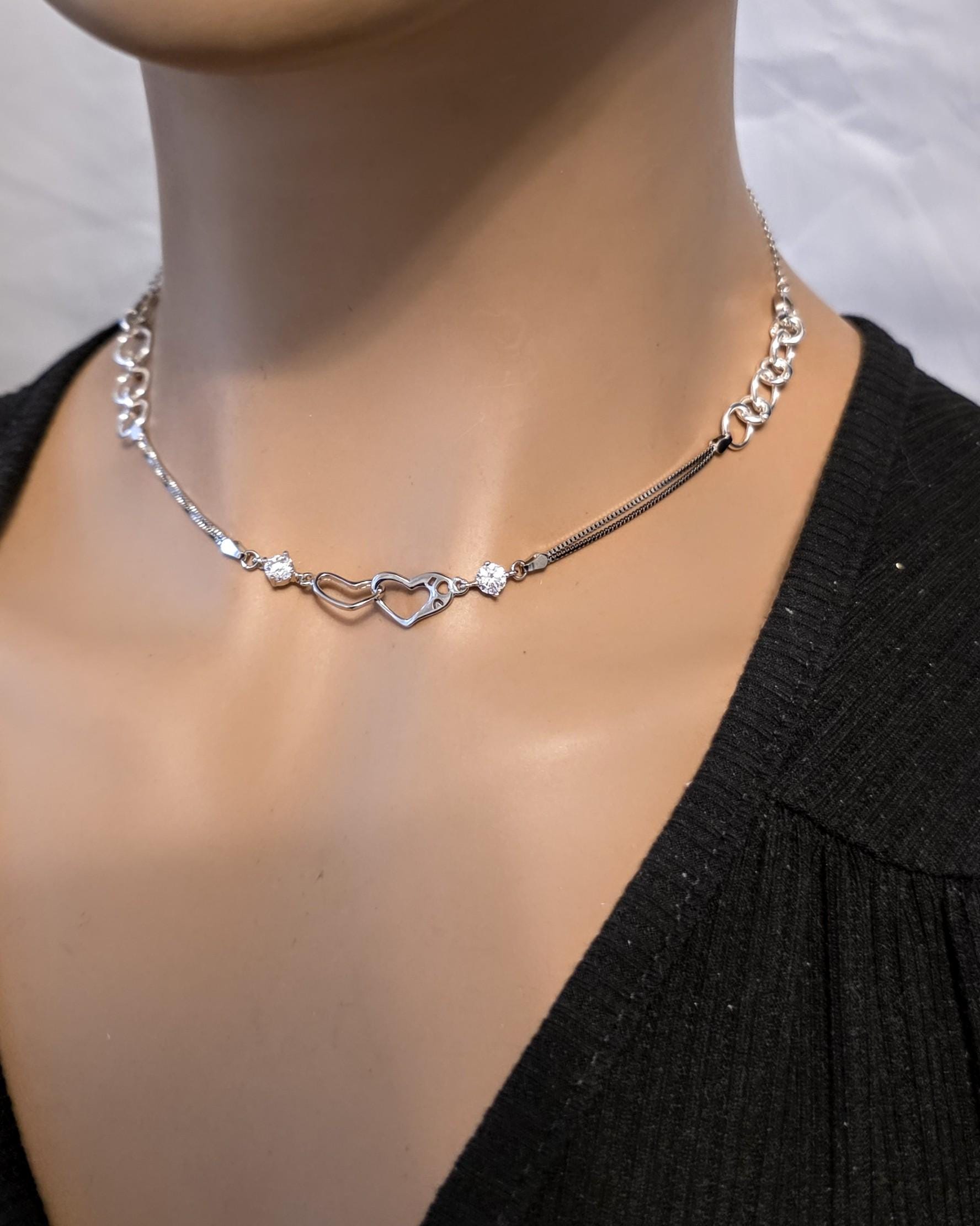 Rhodium Plated Sterling Silver Day Collar Interlocking Hearts Eternity Necklace, Romantic Partner Jewelry