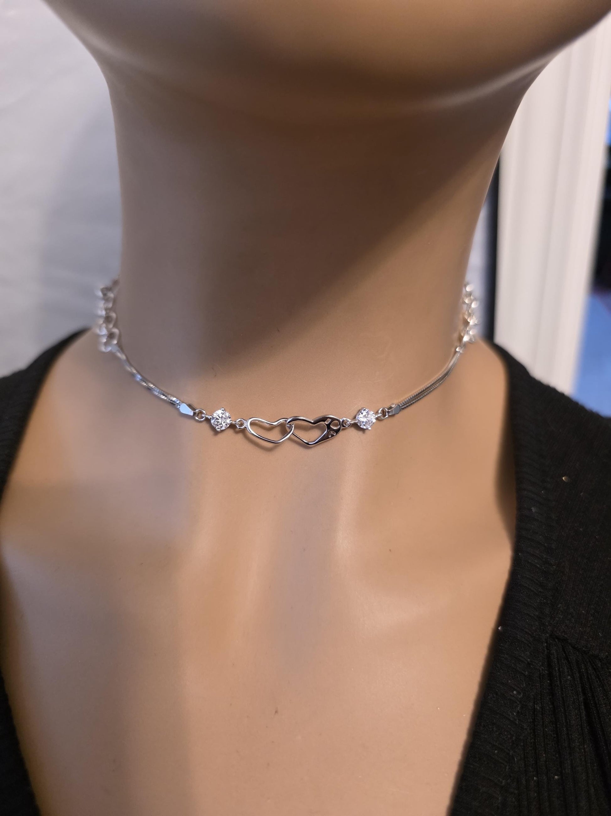 Rhodium Plated Sterling Silver Day Collar Interlocking Hearts Eternity Necklace, Romantic Partner Jewelry