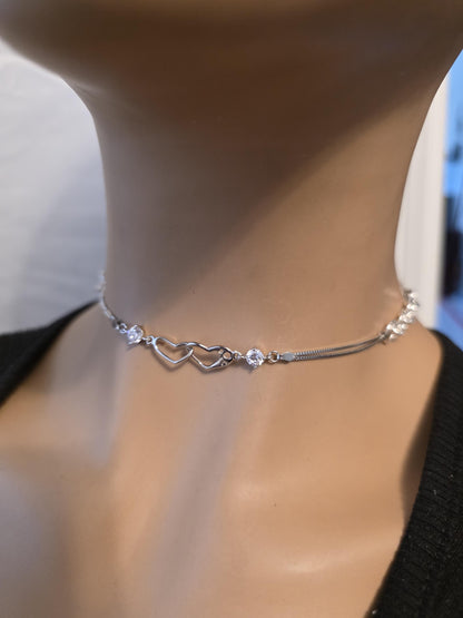 Rhodium Plated Sterling Silver Day Collar Interlocking Hearts Eternity Necklace, Romantic Partner Jewelry
