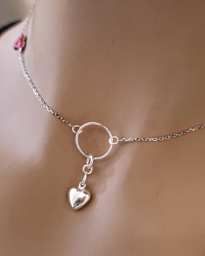 Sterling Silver Day Collar Necklace with Enamel Heart Accents & Heart Pendant, Romantic Partner Jewelry