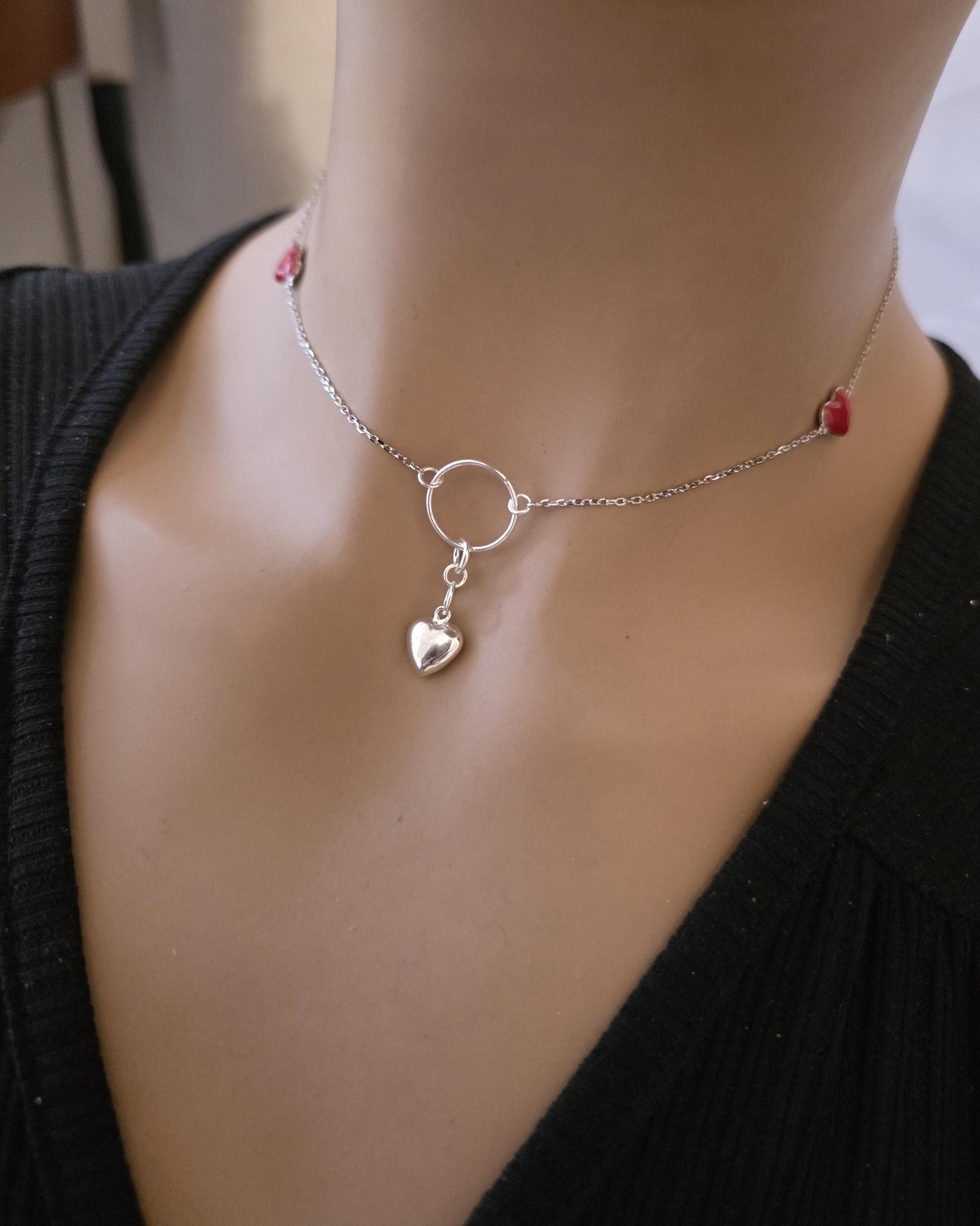Sterling Silver Day Collar Necklace with Enamel Heart Accents & Heart Pendant, Romantic Partner Jewelry
