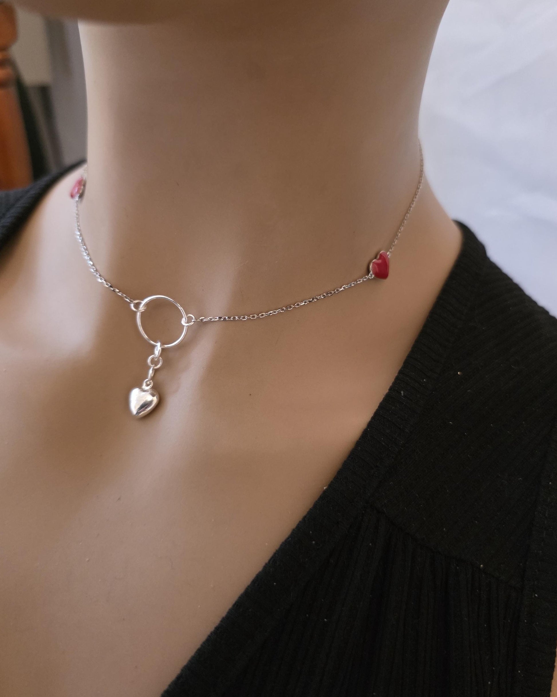 Sterling Silver Day Collar Necklace with Enamel Heart Accents & Heart Pendant, Romantic Partner Jewelry