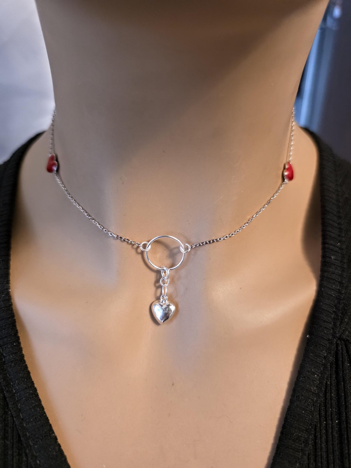 Sterling Silver Day Collar Necklace with Enamel Heart Accents & Heart Pendant, Romantic Partner Jewelry