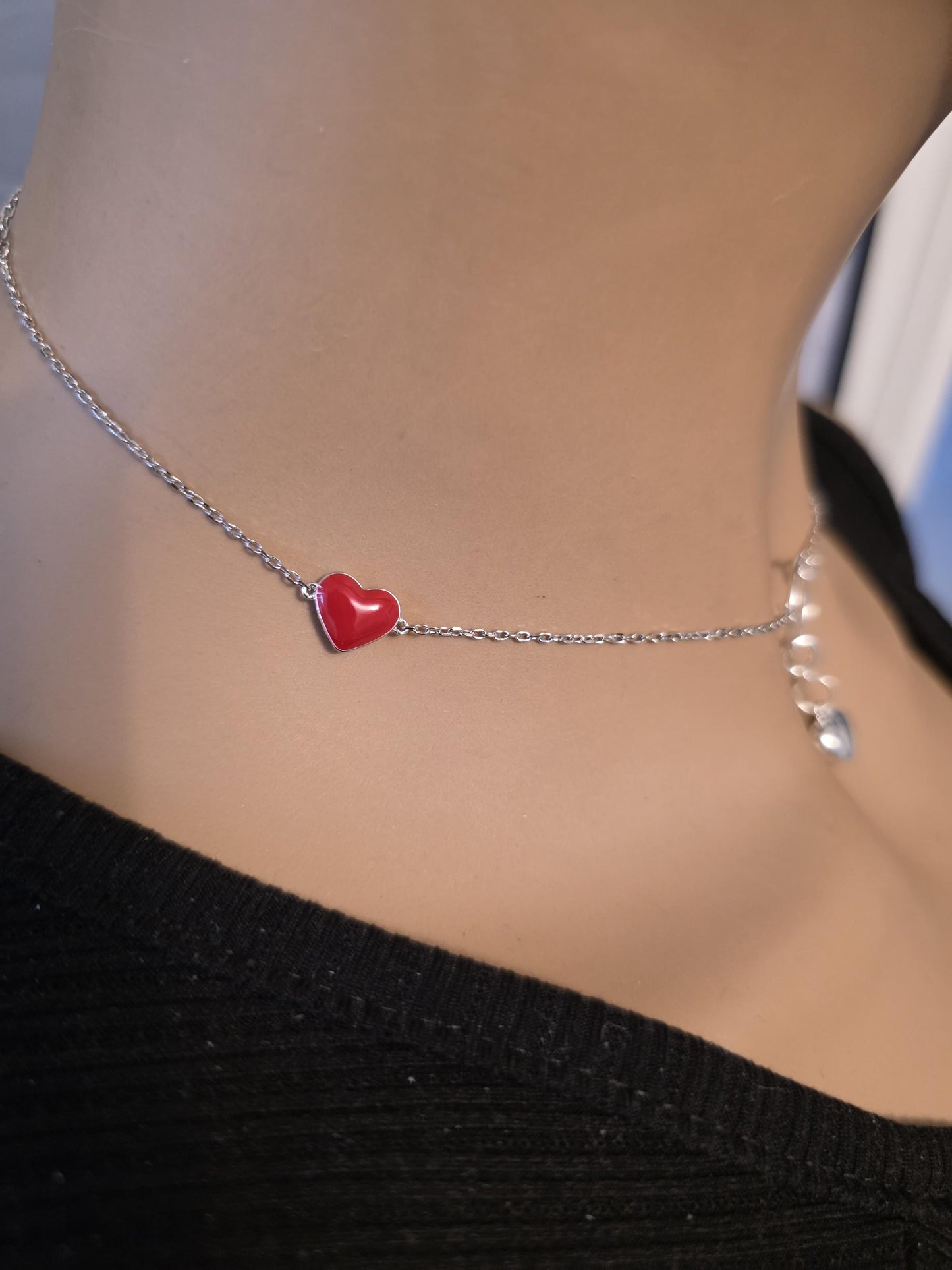 Sterling Silver Day Collar Necklace with Enamel Heart Accents & Heart Pendant, Romantic Partner Jewelry