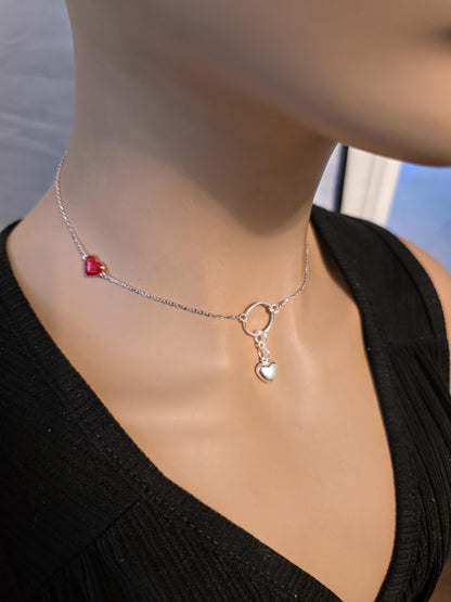Sterling Silver Day Collar Necklace with Enamel Heart Accents & Heart Pendant, Romantic Partner Jewelry