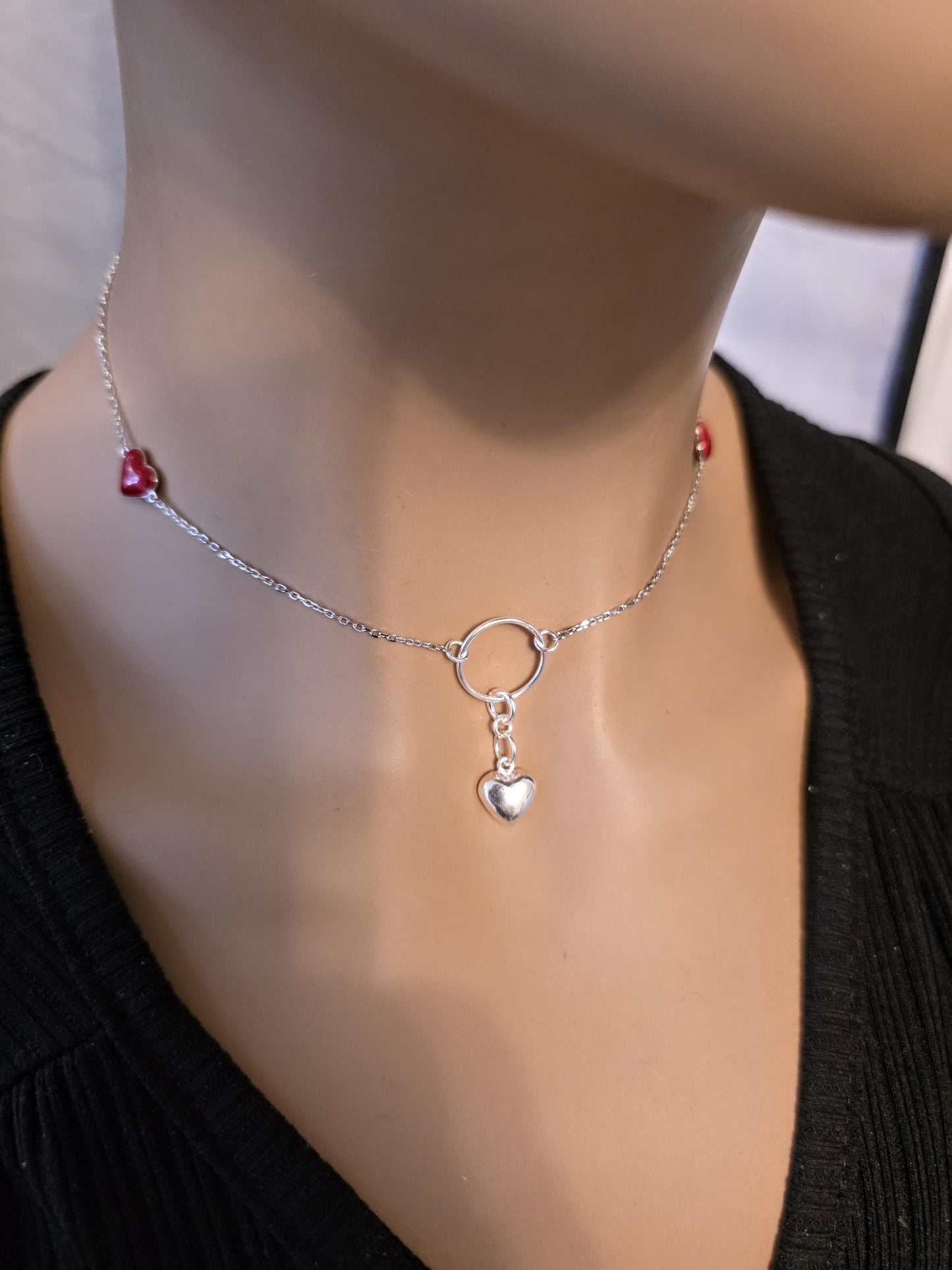Sterling Silver Day Collar Necklace with Enamel Heart Accents & Heart Pendant, Romantic Partner Jewelry
