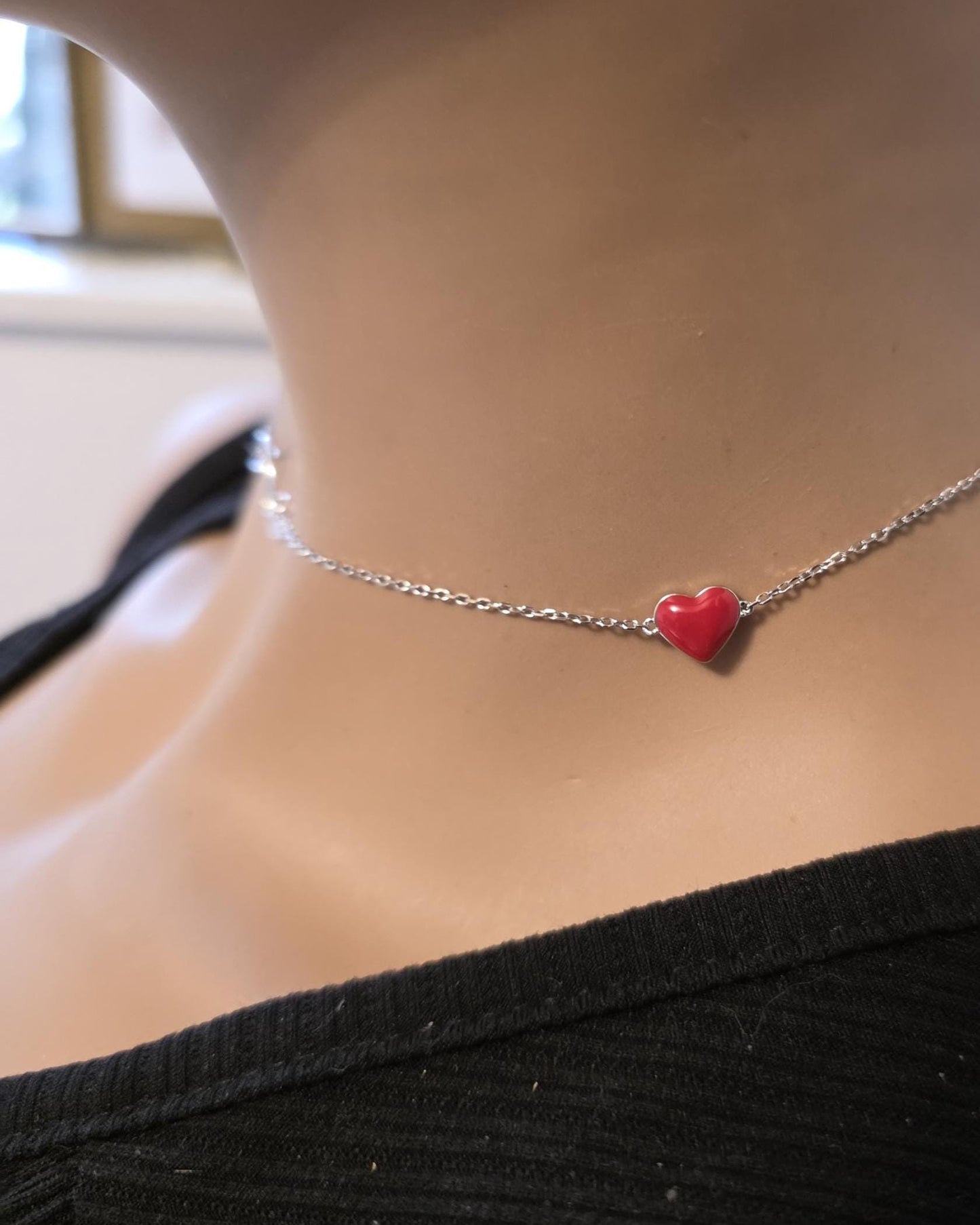 Sterling Silver Day Collar Necklace with Enamel Heart Accents & Heart Pendant, Romantic Partner Jewelry