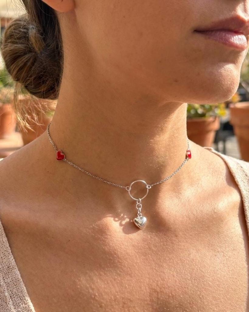 Sterling Silver Day Collar Necklace with Enamel Heart Accents & Heart Pendant, Romantic Partner Jewelry