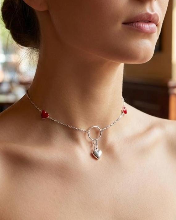 Sterling Silver Day Collar Necklace with Enamel Heart Accents & Heart Pendant, Romantic Partner Jewelry