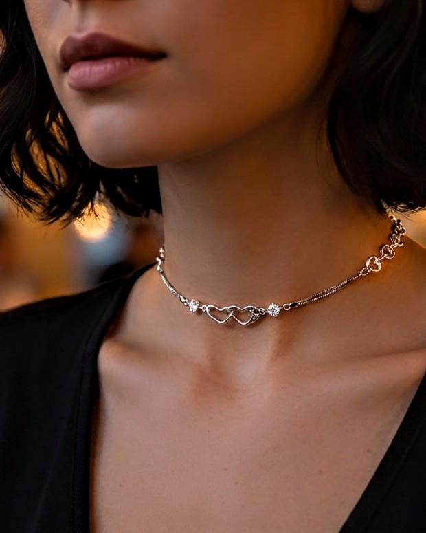 Rhodium Plated Sterling Silver Day Collar Interlocking Hearts Eternity Necklace, Romantic Partner Jewelry