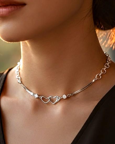 Rhodium Plated Sterling Silver Day Collar Interlocking Hearts Eternity Necklace, Romantic Partner Jewelry