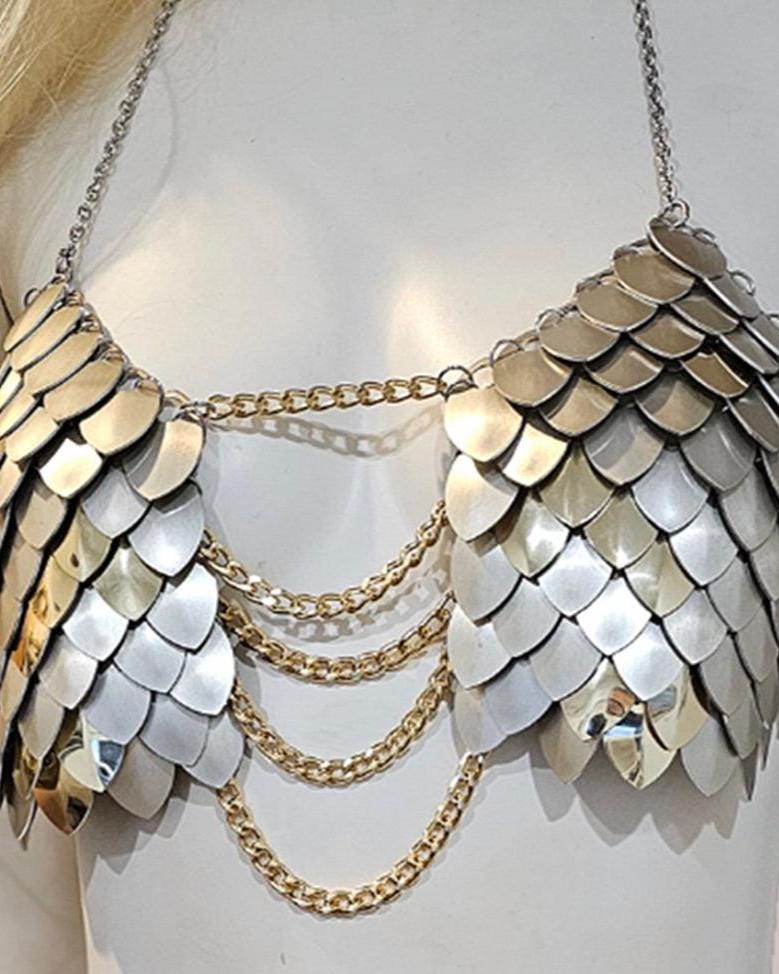 Metal Gold Breastplate Corset Armor, Fantasy Scalemail Dragon Scale Womens Armor, Royal Fae Gala Fairytale Costume, Viking, Fairy Cosplay