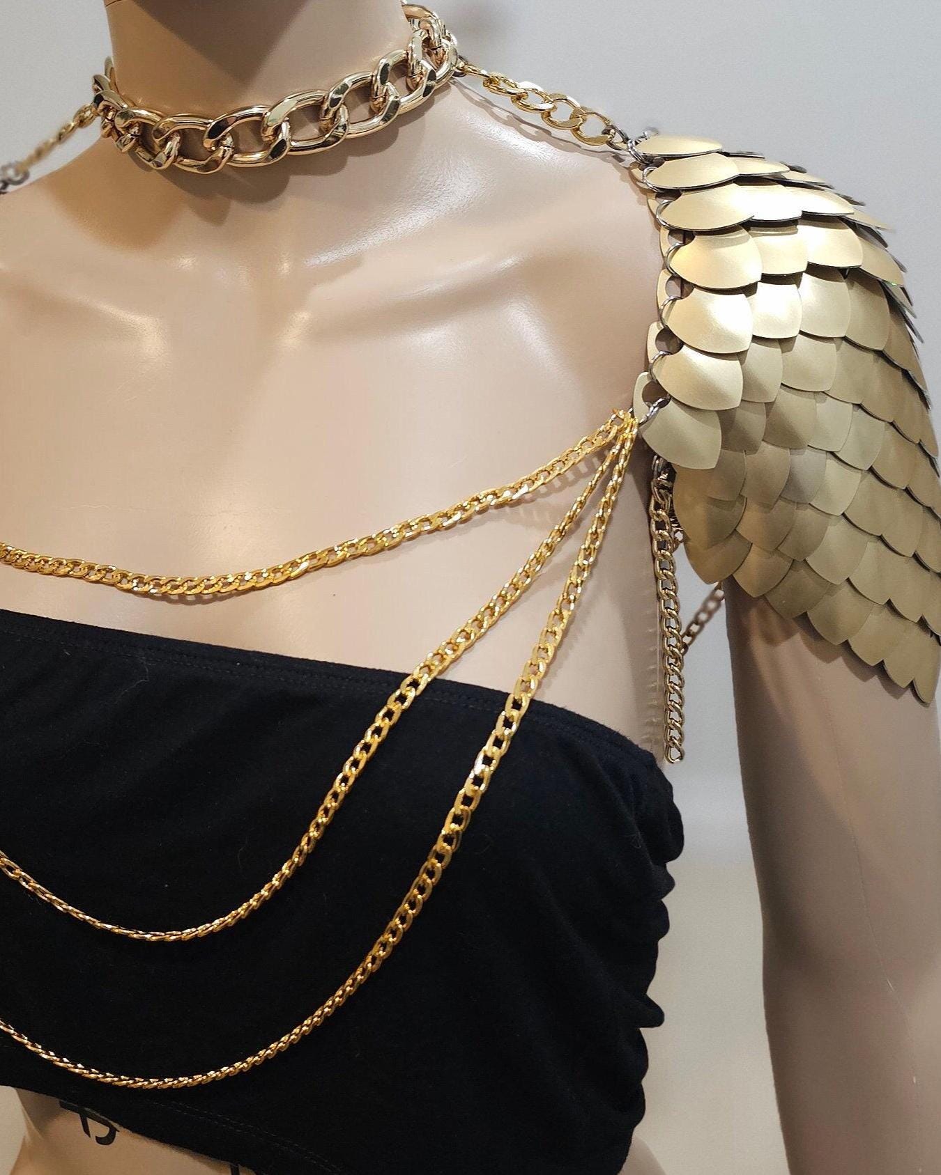Metal Gold Shoulder Armor, Fantasy Scalemail Dragon Scale Womens Armor, Royal Fae Gala Fairytale Costume, Viking, Fairy Cosplay, Bookish
