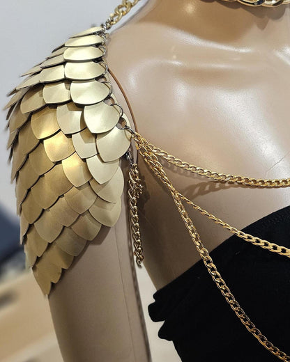 Metal Gold Shoulder Armor, Fantasy Scalemail Dragon Scale Womens Armor, Royal Fae Gala Fairytale Costume, Viking, Fairy Cosplay, Bookish