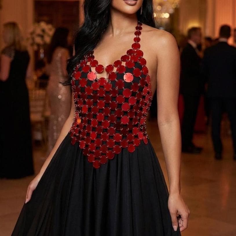 Metal Sequin Festival Top: Red Aluminum, Waterproof Formal Red Carpet Unique Outfit