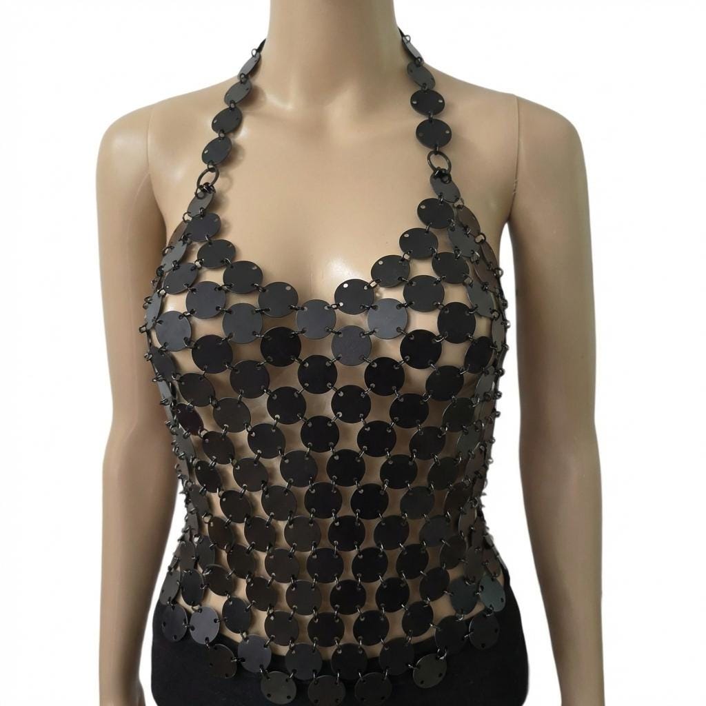 Metal Sequin Festival Top: Black Aluminum, Waterproof Formal Red Carpet Unique Outfit