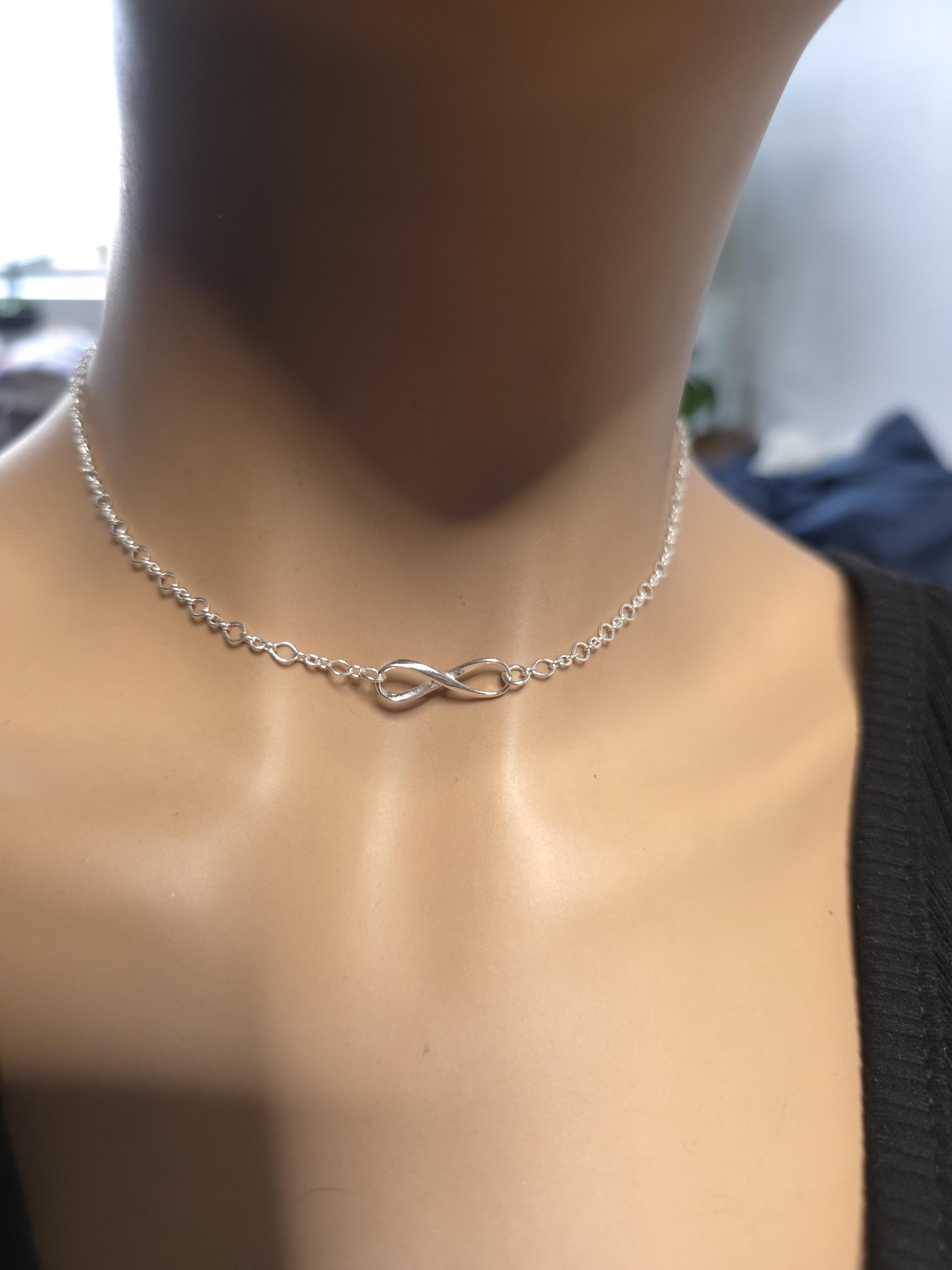 925 Solid Sterling Silver Eternity Symbol Day Collar Choker Necklace - Locking Option - Intimate Partner Jewelry