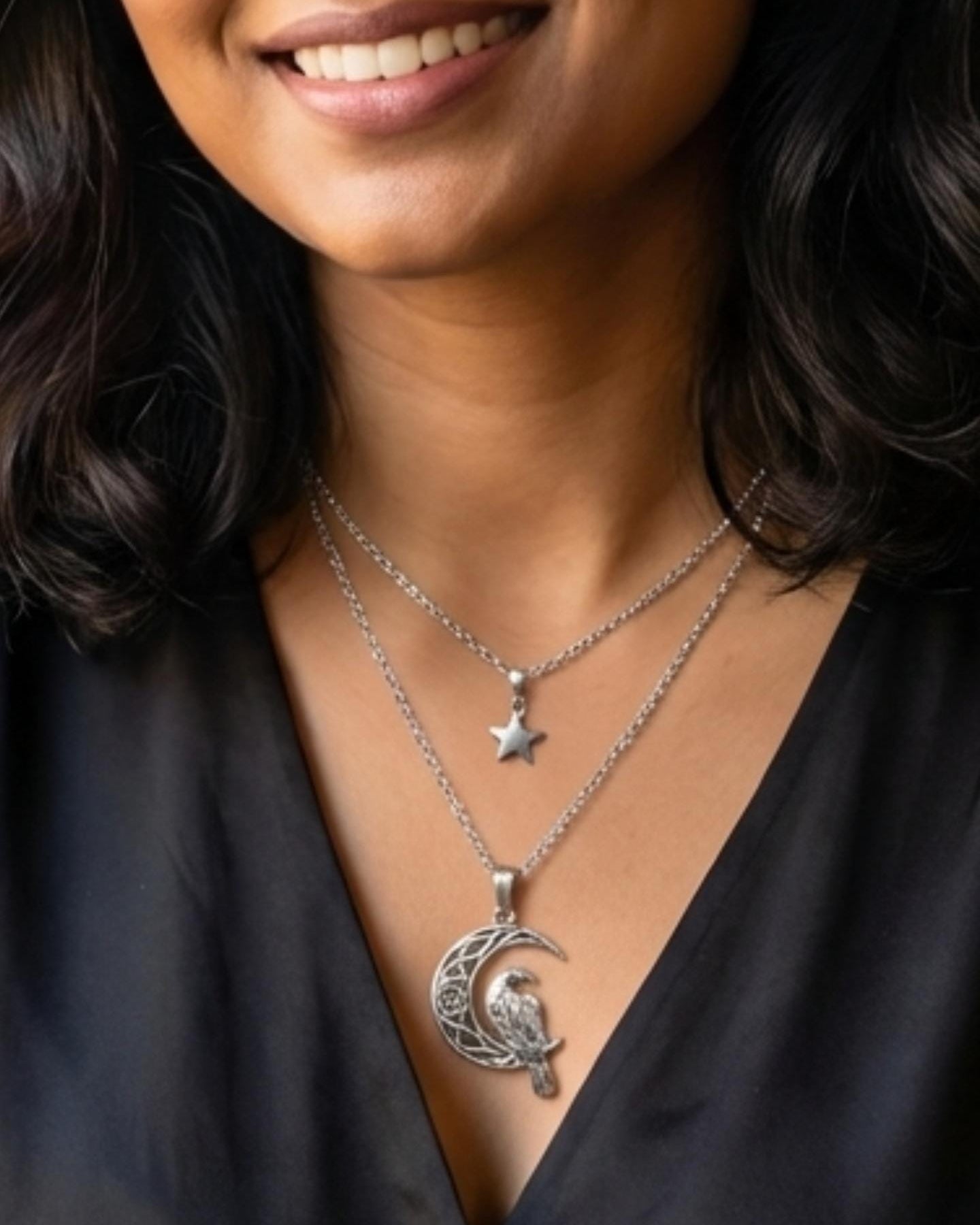 Crescent Moon Raven Star Norse Viking Celestial Layered Pendant Necklace: Gothic Witchy Jewelry