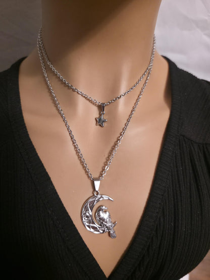 Crescent Moon Raven Star Norse Viking Celestial Layered Pendant Necklace: Gothic Witchy Jewelry