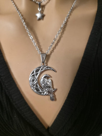 Crescent Moon Raven Star Norse Viking Celestial Layered Pendant Necklace: Gothic Witchy Jewelry