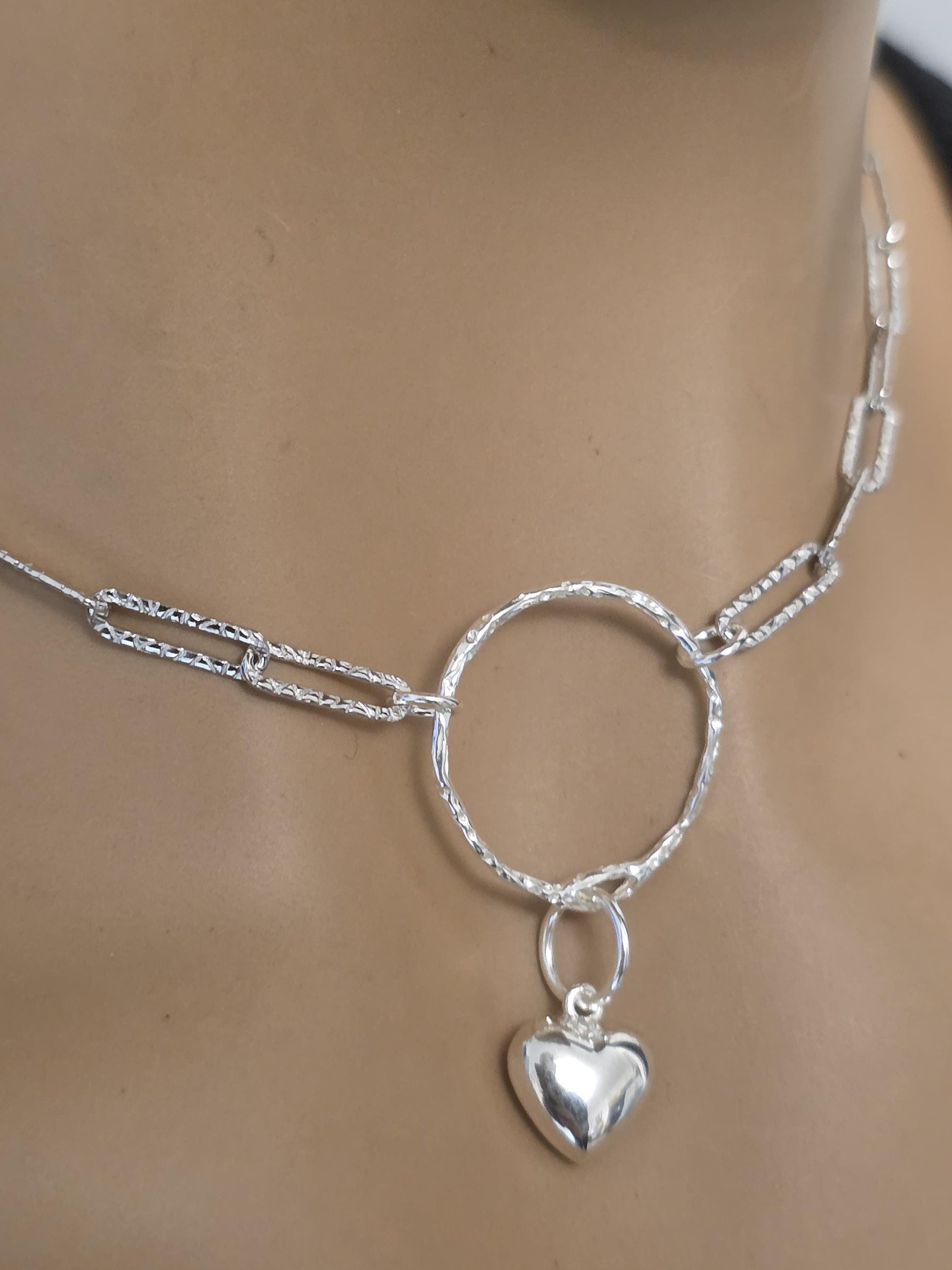 Sterling Silver Day Collar O Ring Necklace with Heart Charm, BDSM Romantic Partner Jewelry