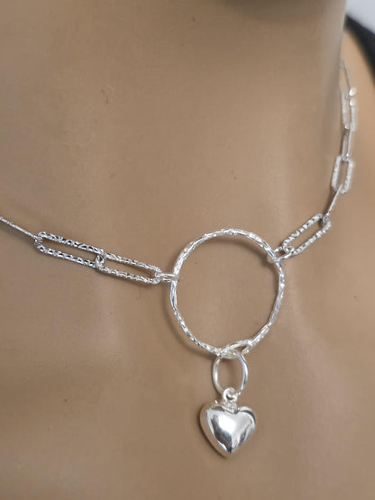 Sterling Silver Day Collar O Ring Necklace with Heart Charm, BDSM Romantic Partner Jewelry