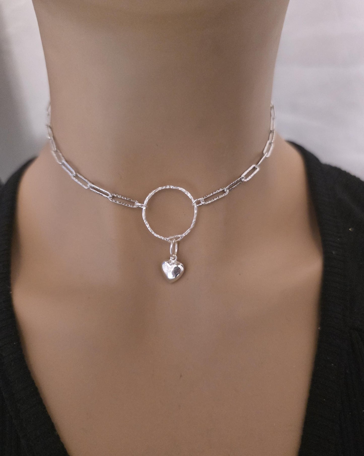 Sterling Silver Day Collar O Ring Necklace with Heart Charm, BDSM Romantic Partner Jewelry