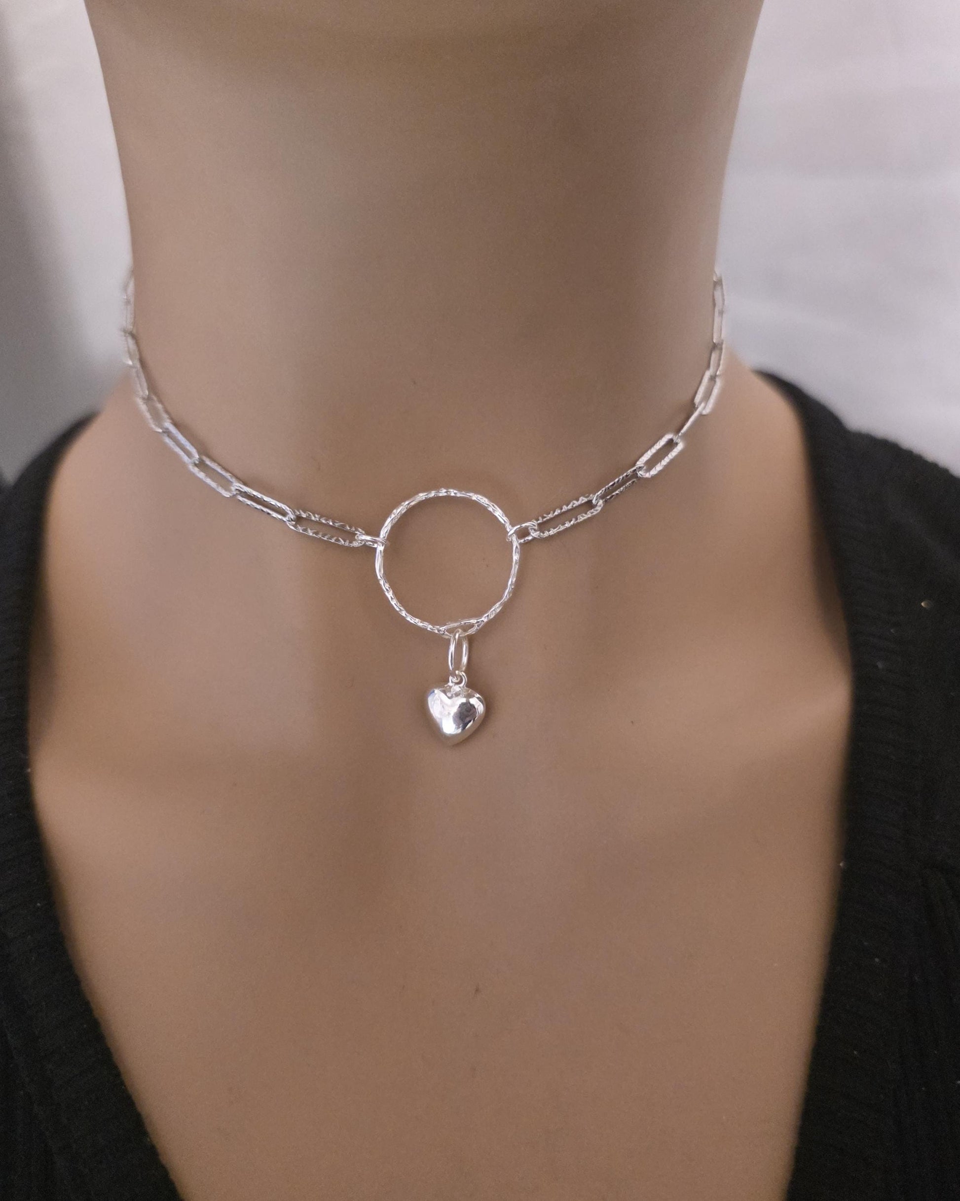 Sterling Silver Day Collar O Ring Necklace with Heart Charm, BDSM Romantic Partner Jewelry