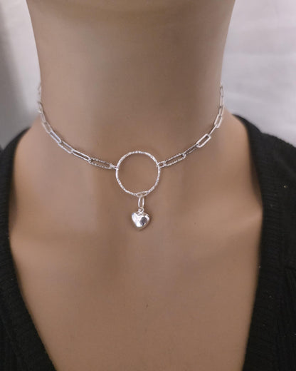Sterling Silver Day Collar O Ring Necklace with Heart Charm, BDSM Romantic Partner Jewelry
