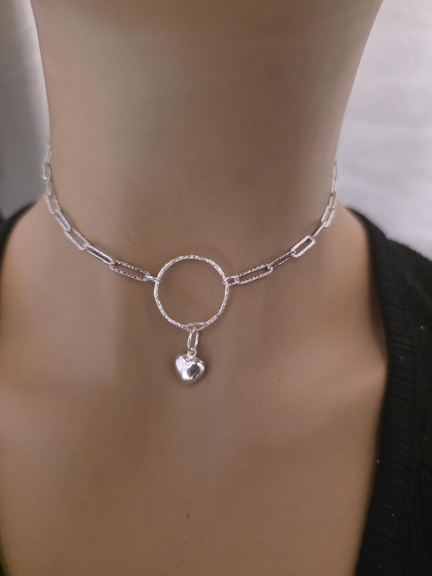 Sterling Silver Day Collar O Ring Necklace with Heart Charm, BDSM Romantic Partner Jewelry