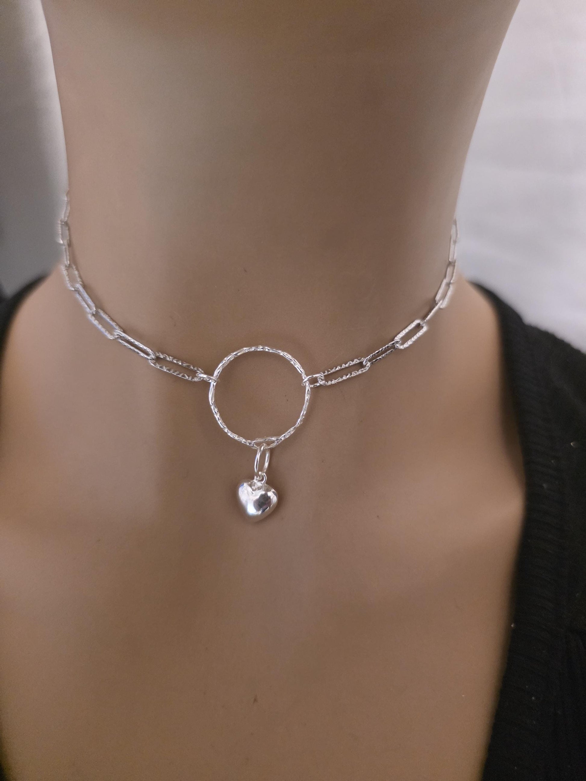 Sterling Silver Day Collar O Ring Necklace with Heart Charm, BDSM Romantic Partner Jewelry