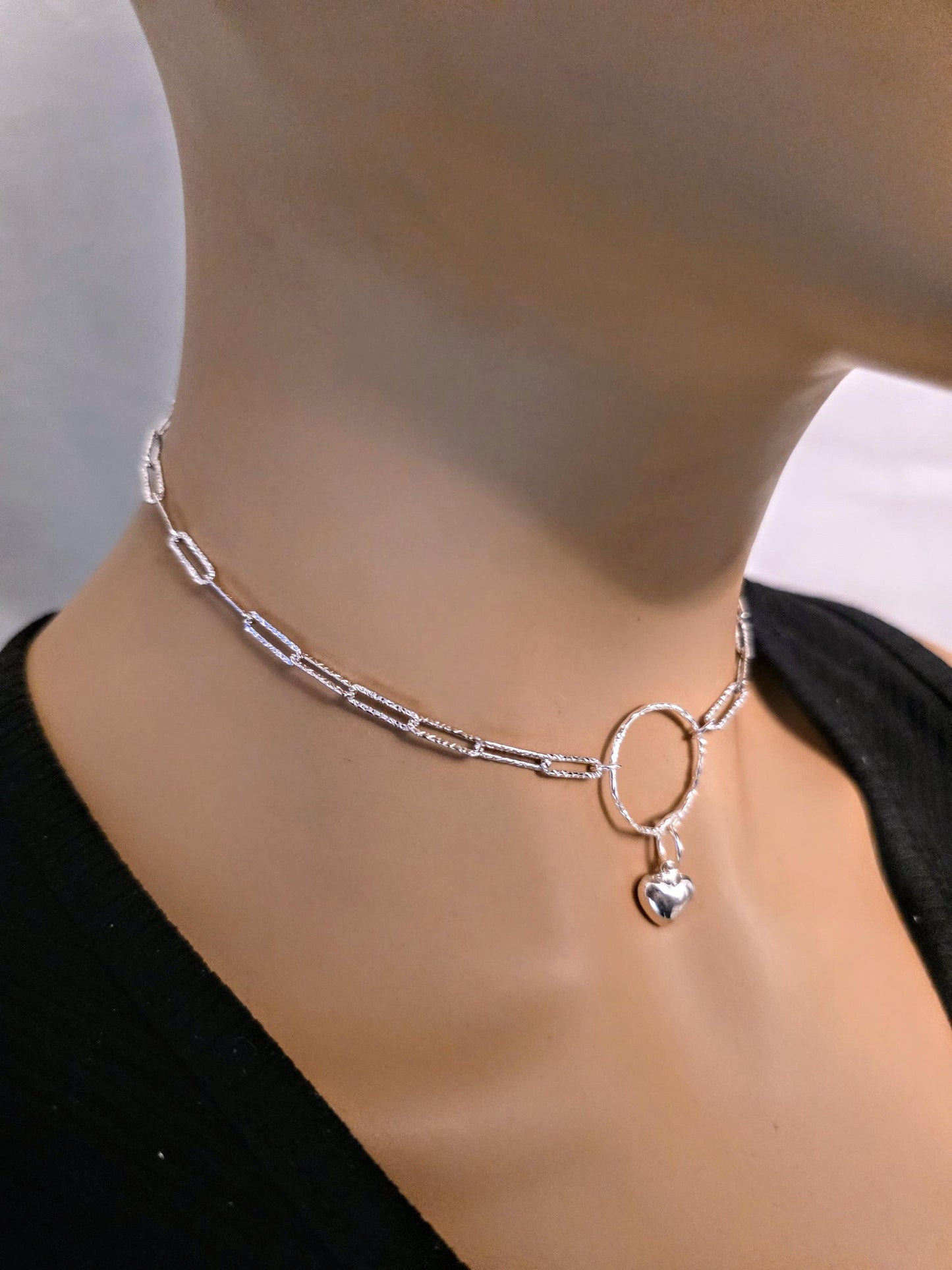 Sterling Silver Day Collar O Ring Necklace with Heart Charm, BDSM Romantic Partner Jewelry