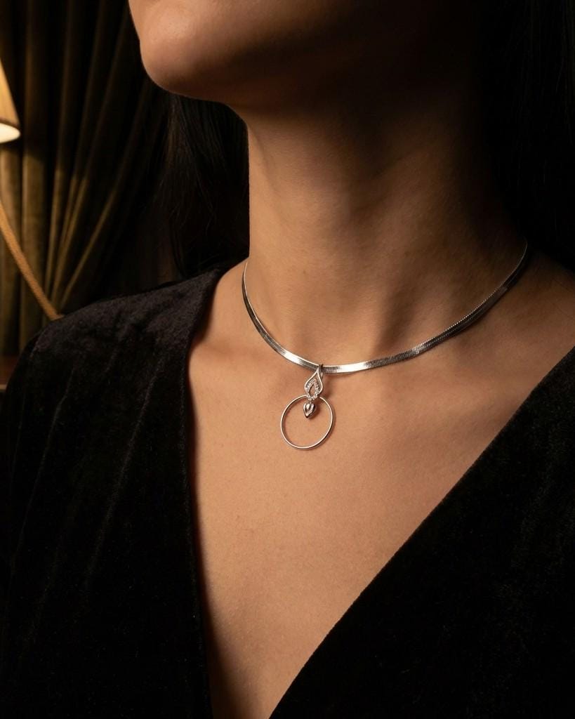 Rhodium Plated Sterling Silver Day Collar O Ring Necklace with Heart Charm, BDSM Romantic Partner Jewelry