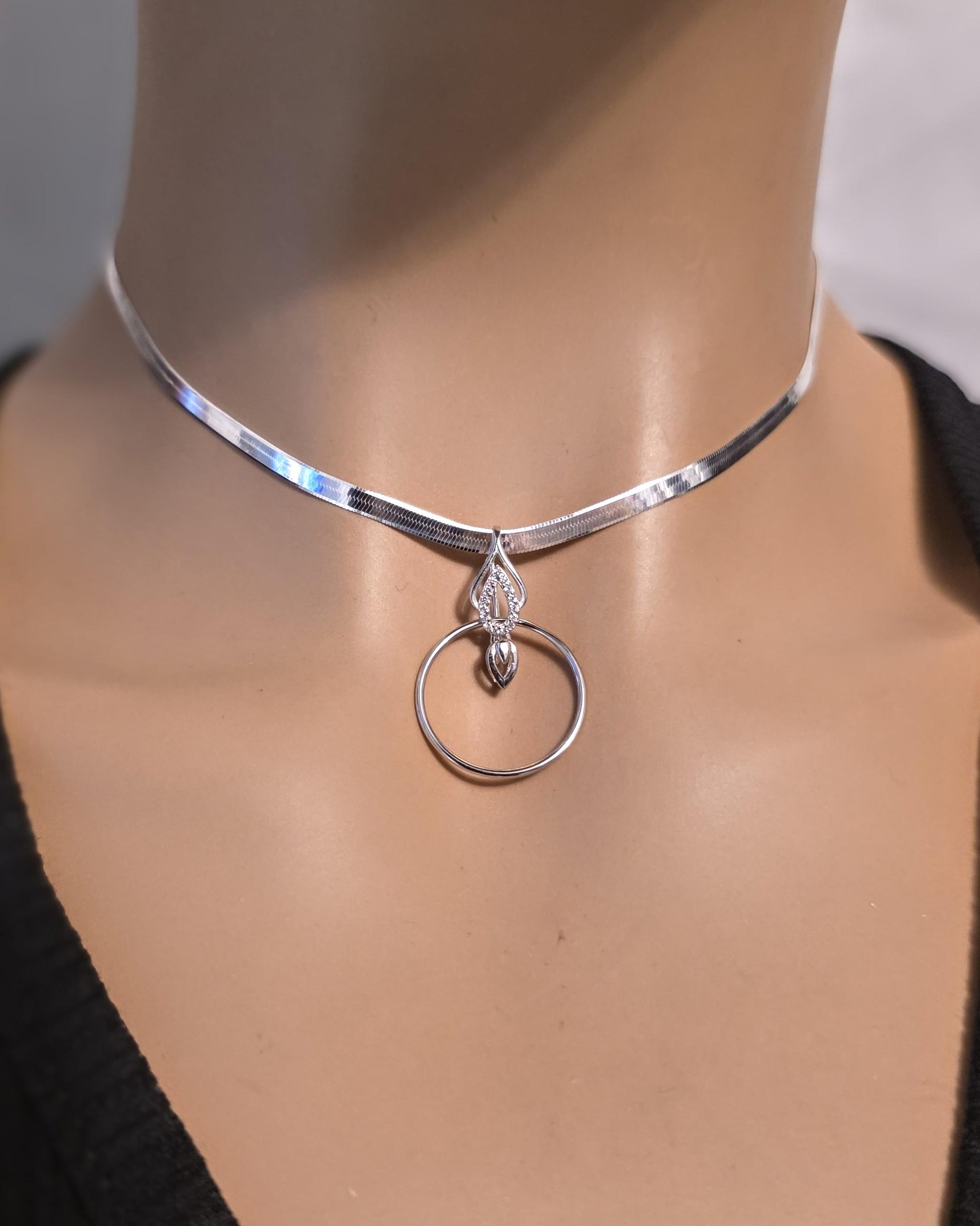Rhodium Plated Sterling Silver Day Collar O Ring Necklace with Heart Charm, BDSM Romantic Partner Jewelry