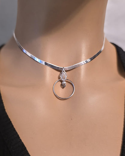 Rhodium Plated Sterling Silver Day Collar O Ring Necklace with Heart Charm, BDSM Romantic Partner Jewelry