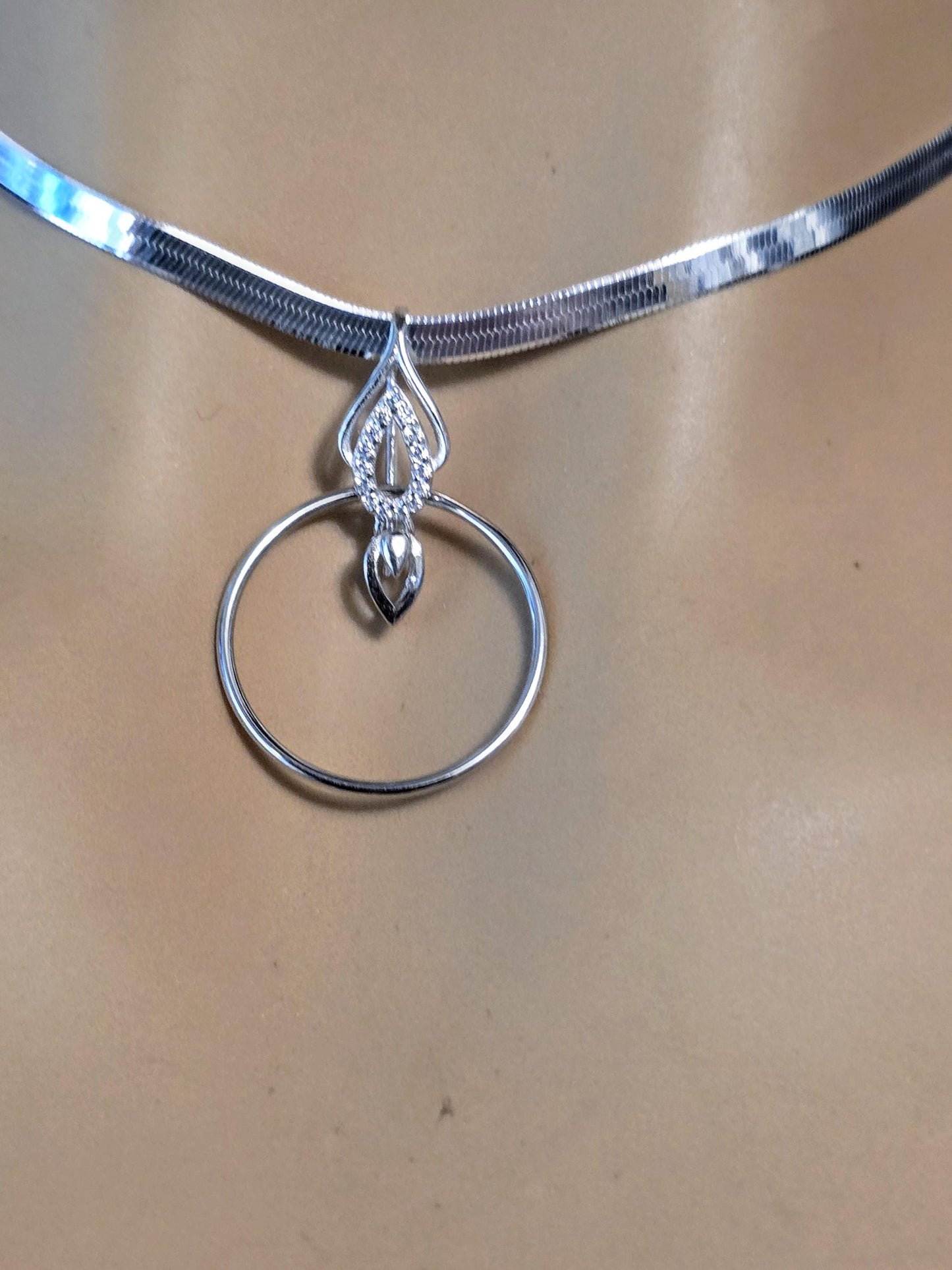 Rhodium Plated Sterling Silver Day Collar O Ring Necklace with Heart Charm, BDSM Romantic Partner Jewelry